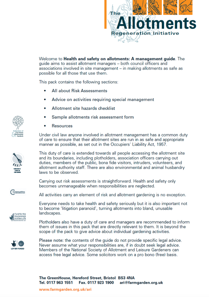 PACK "Health and Safety on Allotments: A Management Guide" Allotments Regeneration Initiative (2nd Edition, 2010)