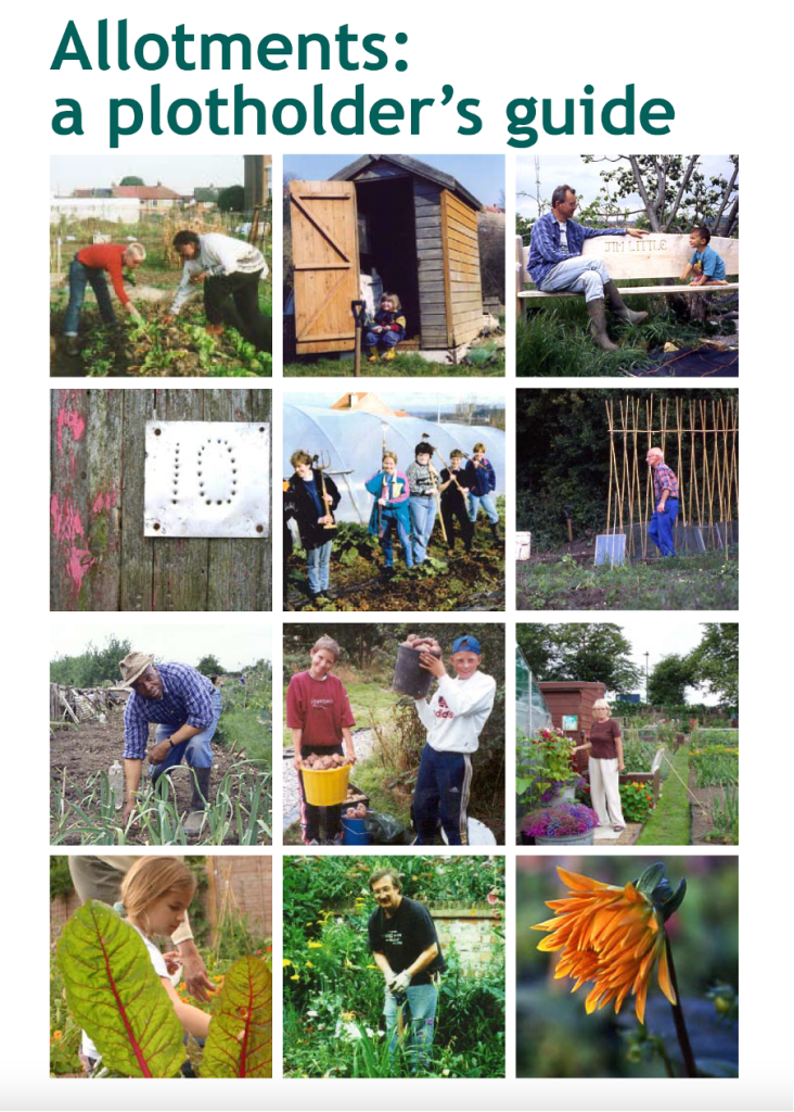 Cover image of “Allotments: A Plotholder’s Guide” (2nd Edition). Department of Communities and Local Government (2007). The image shows a variety of images of people on allotments.