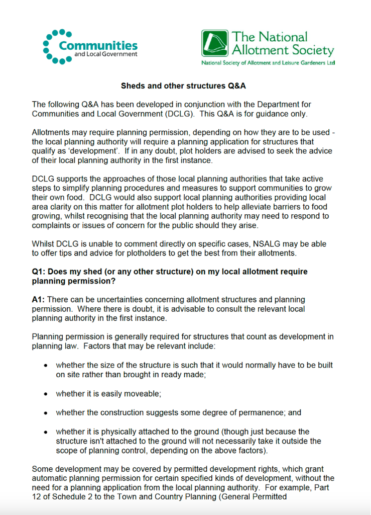 Cover image of "Sheds and other structures Q&A" Communities and Local Government / National Allotment Society (2011). There is no image on the cover.