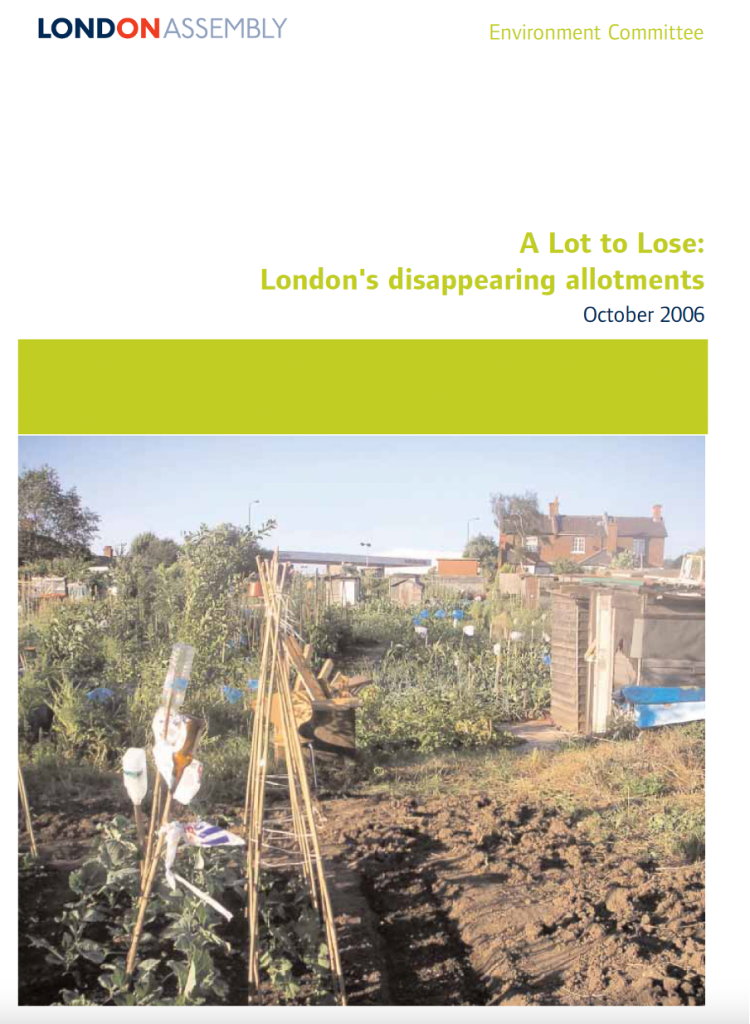 Cover image of "A lot to lose: London's disappearing allotments" London Assembly (2006). The image is of an allotment plot.